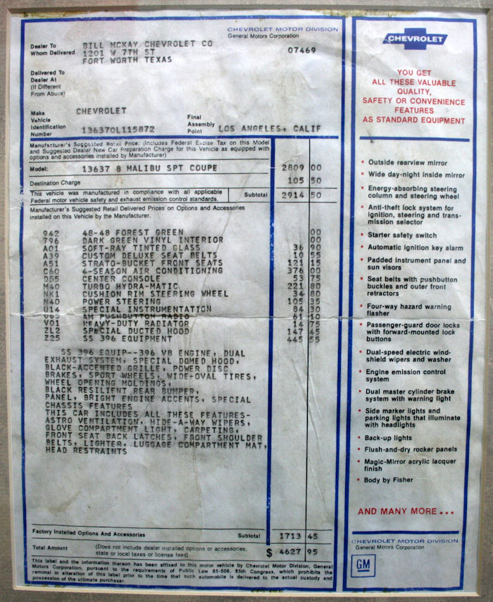 1970 Chevelle Dealer Invoice
