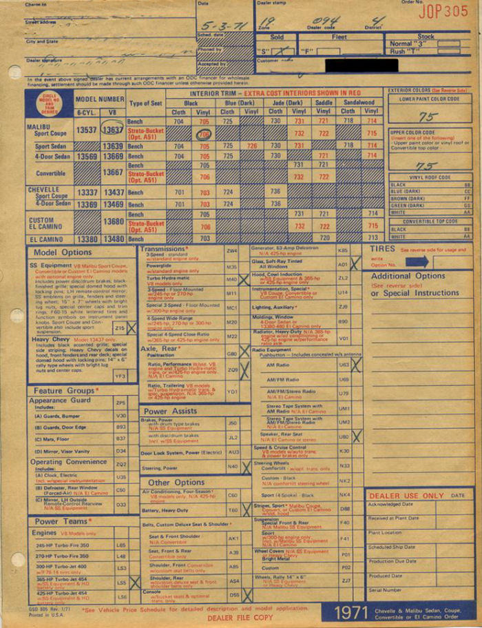1971 Dealer Order Form