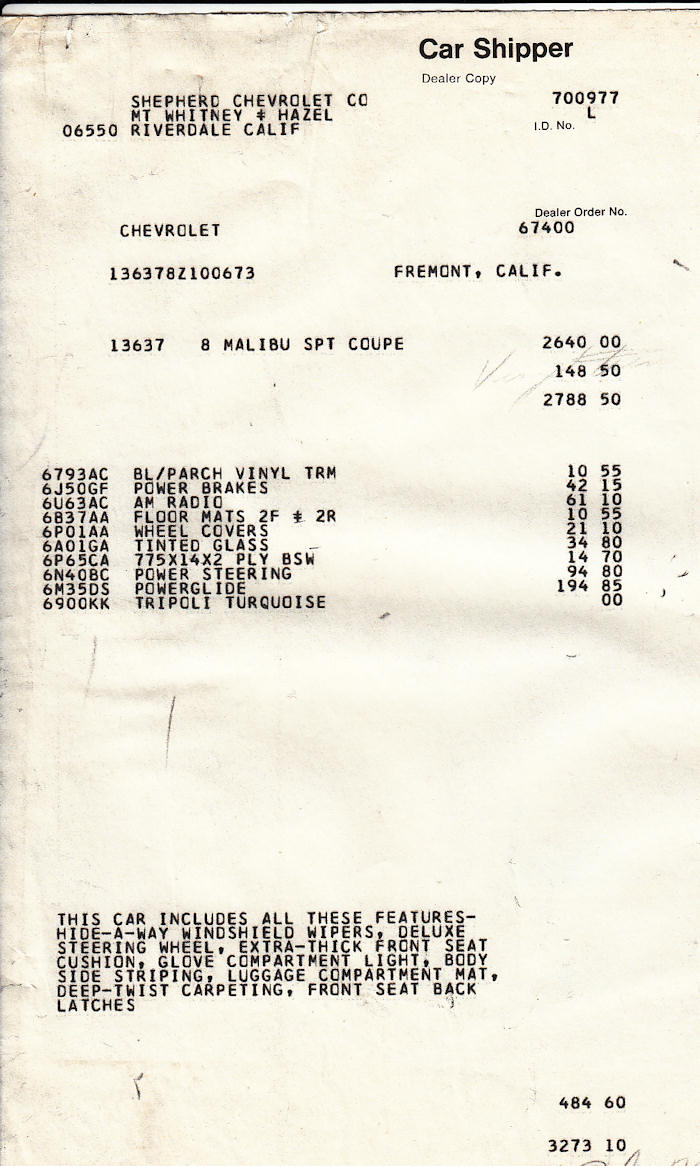1968 Chevelle Miscellaneous Paperwork