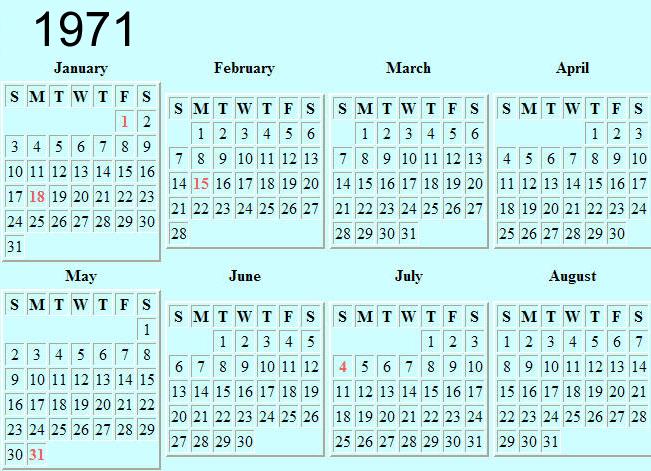 1971 Calendar Printable